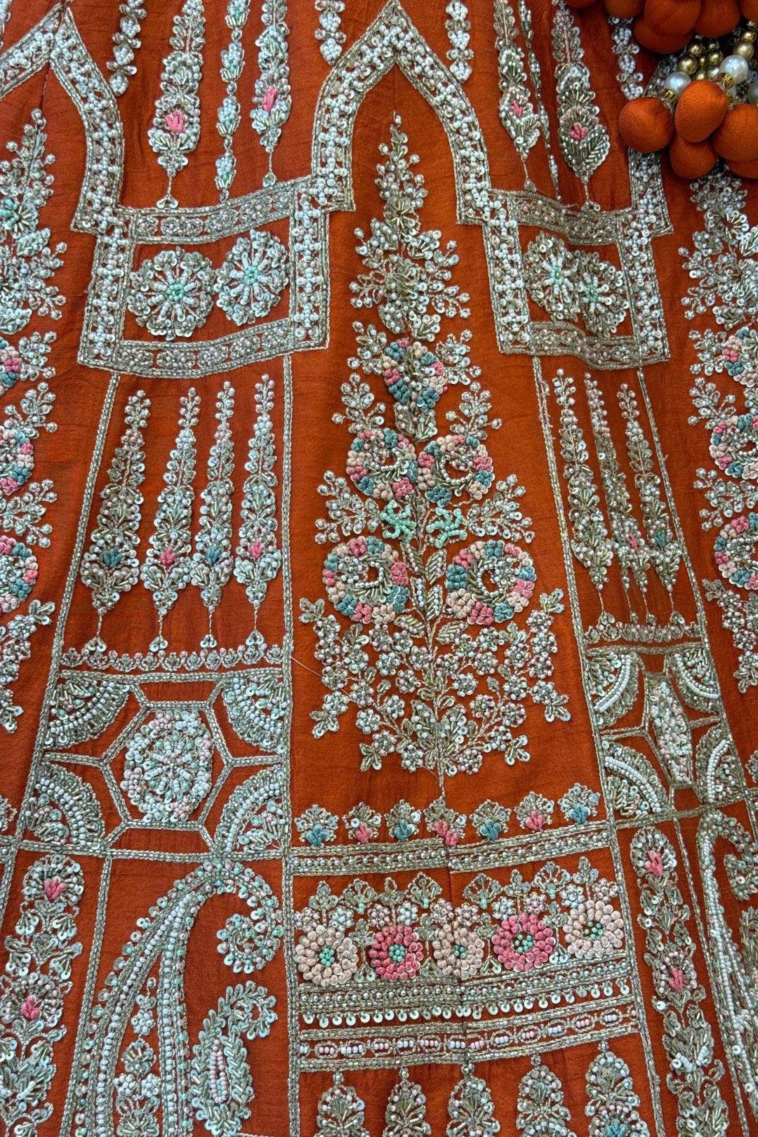 Rust Handworked Zardozi, Sequins, Pearl and Beads work Crop Top Designer Bridal Lehenga