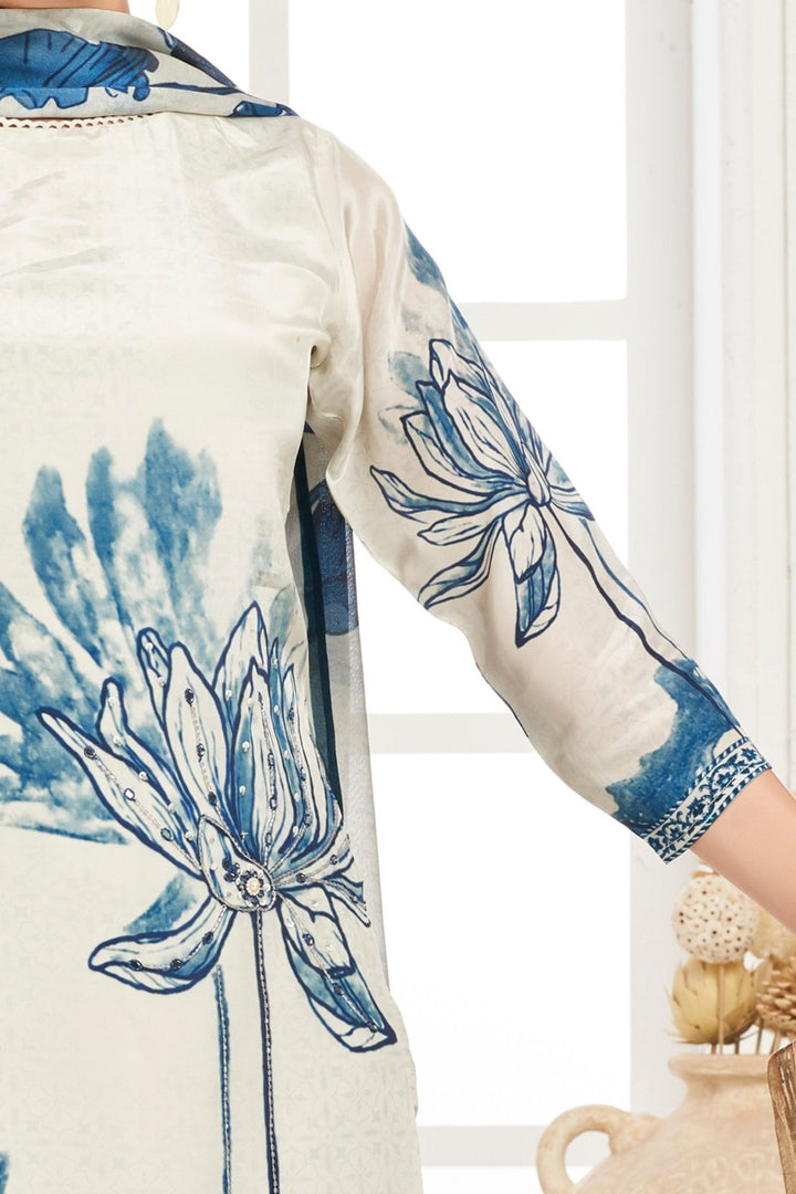Beige with Blue Floral Print, Beads, Mirror and Sequins work Straight Cut Salwar Suit