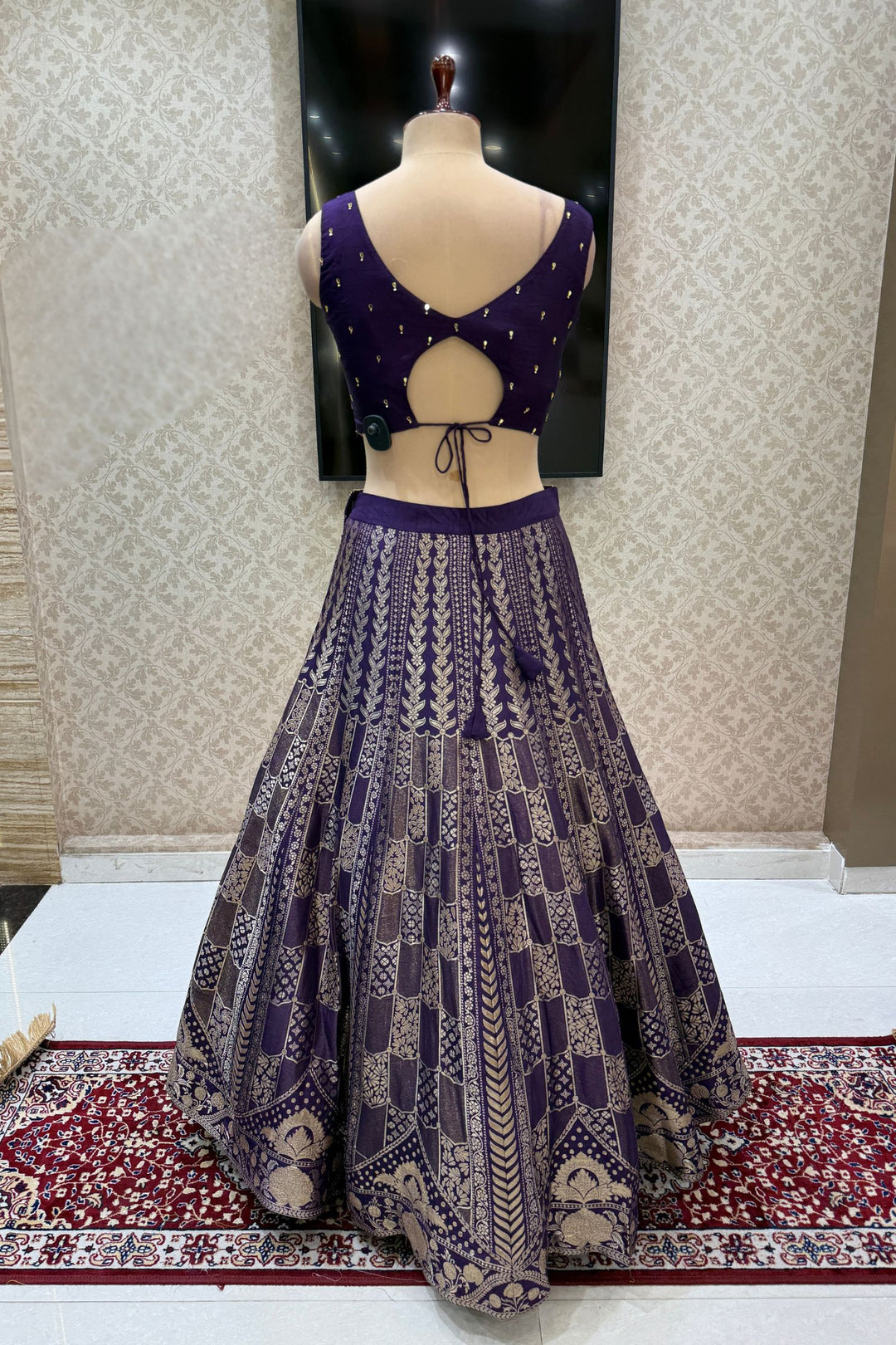 Purple Mirror, Beads, Zari, Banaras and Sequins work Crop Top Lehenga