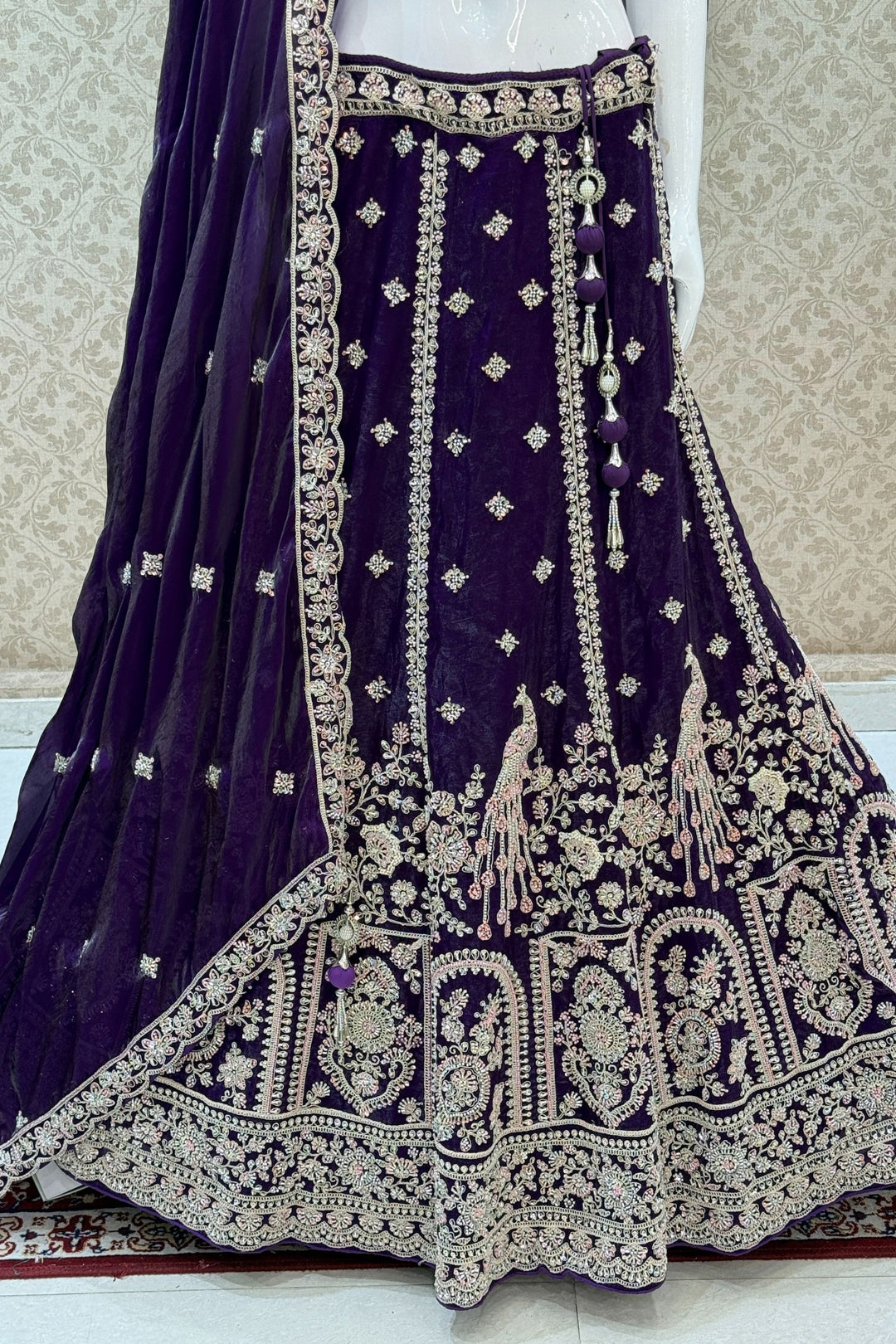 Purple Beads, Zari, Thread and Sequins work Crop Top Bridal Lehenga
