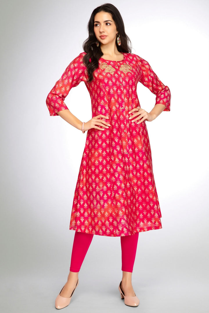 Pink with Orange Mirror and Thread work with Digital Print A-Line Cut Calf Length Kurti