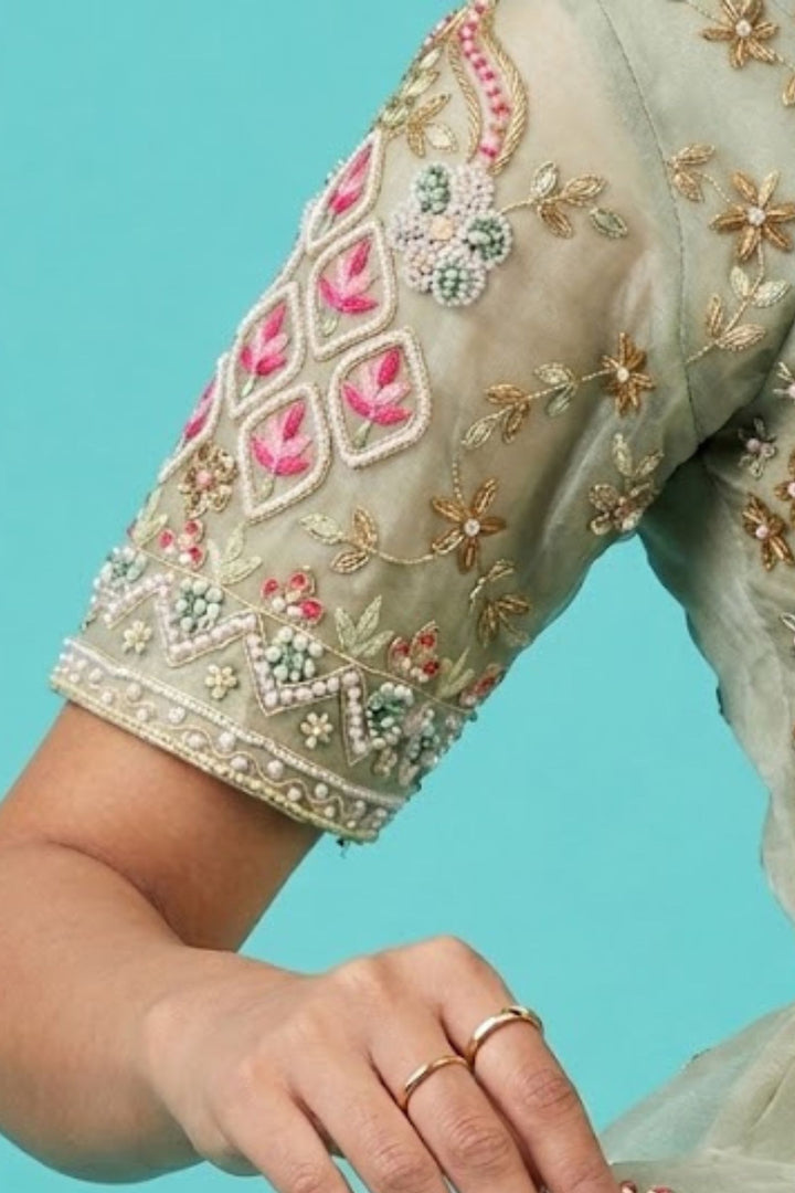 Sea Green Beads, Zardozi, Sequins and Multicolor Thread work Peplum Style Lehenga