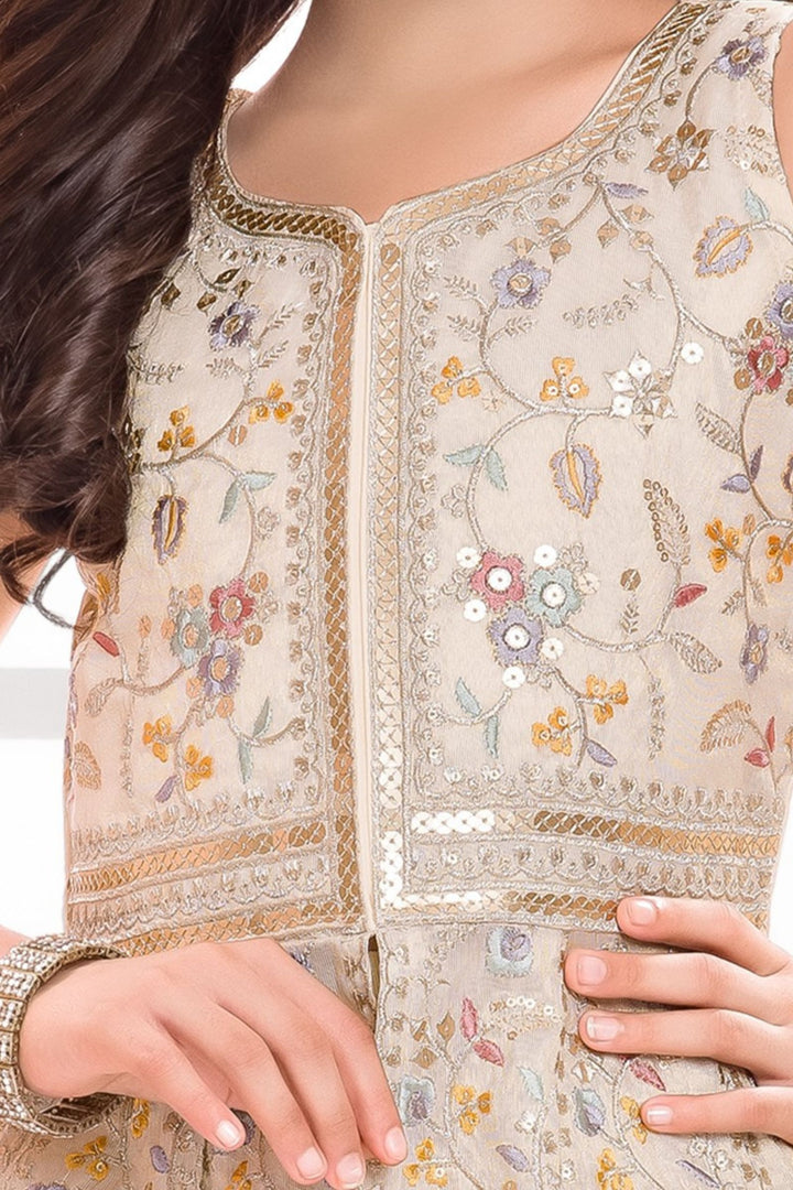 Cream Multicolor Thread, Zari and Sequins work Palazzo Suit Set for Girls