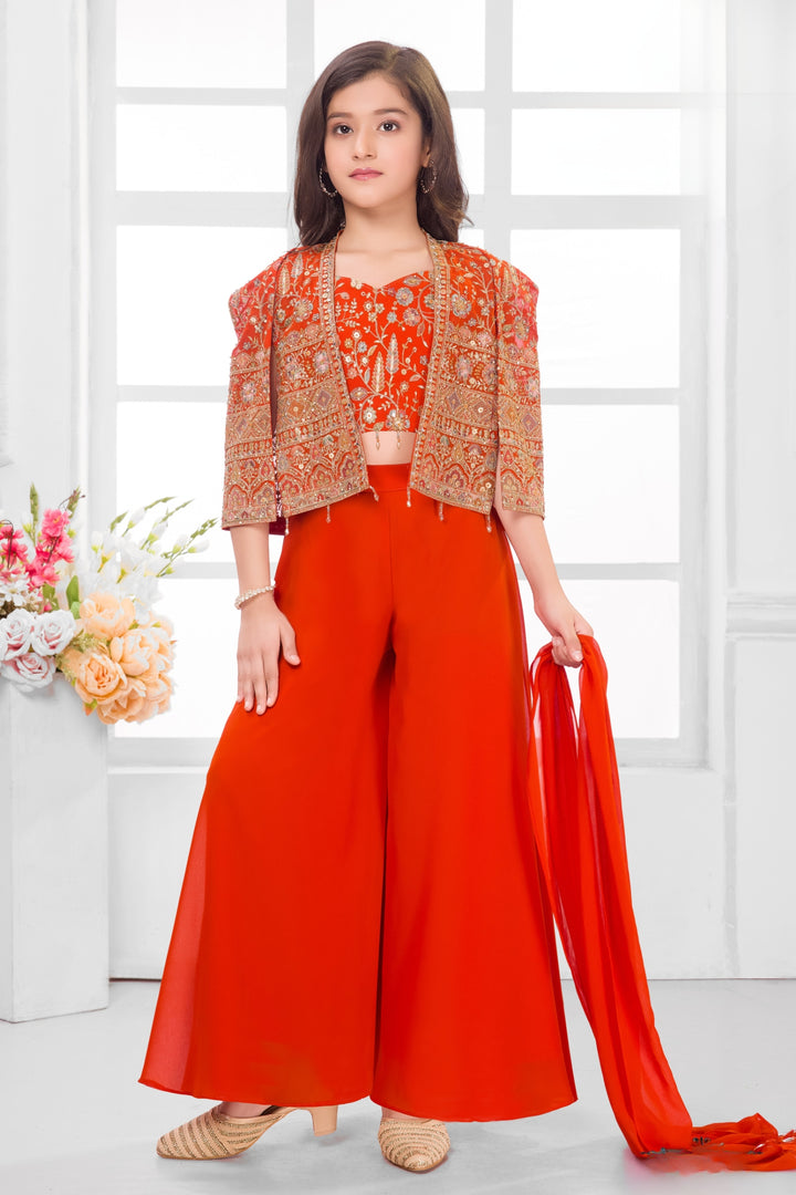 Orange Stone, Zari and Multicolor Embroidery work Jacket Styled Palazzo Set for Girls
