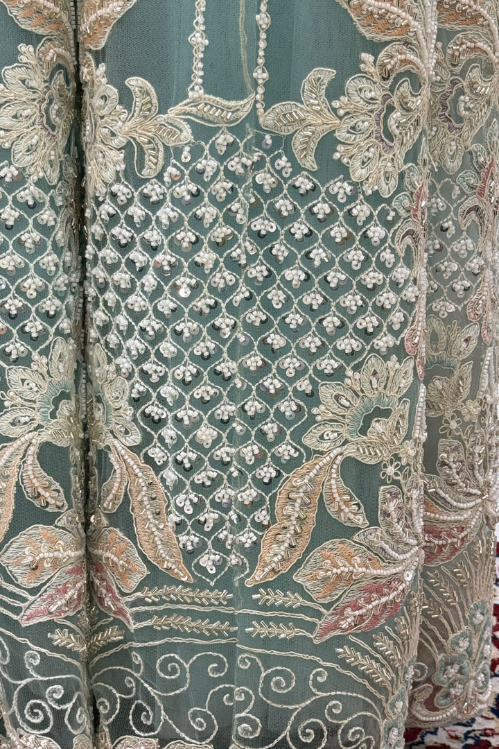 Sea Green Beads, Multicolor Embroidery and Sequins work Palazzo Suit Set