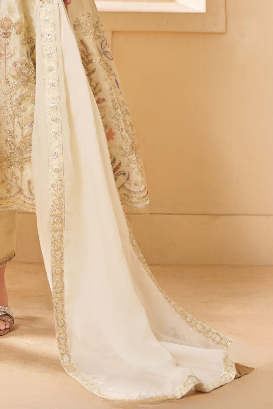 Cream Sequins, Zari, Beads and Multicolor Thread work Anarkali Style Salwar