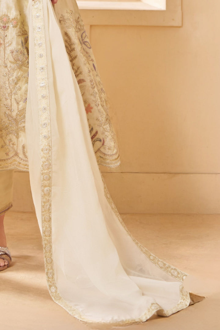 Cream Sequins, Zari, Beads and Multicolor Thread work Anarkali Style Salwar