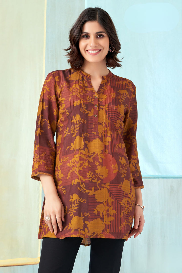 Brown Multicolor Digital Print Short Kurti