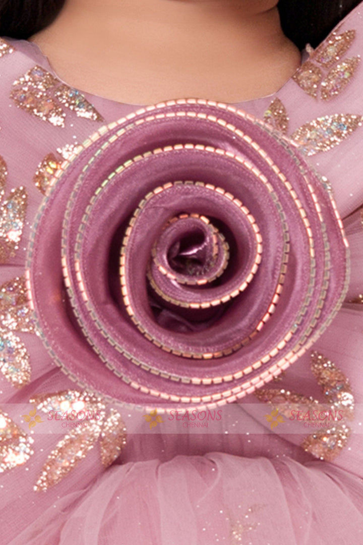 Baby Pink Sequins, Beads and Glitter work Short Partywear Frock for Girls