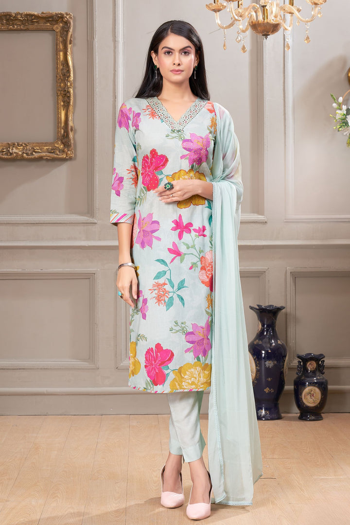 Sea Green Floral Print, Sequins and Thread work Straight Cut Salwar Suit