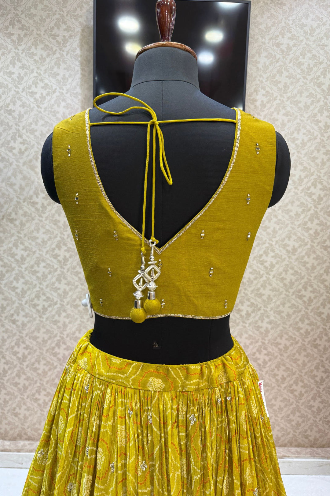 Liril Green Stone, Zardozi, Sequins and Mirror work with Bandini Print Crop Top Lehenga