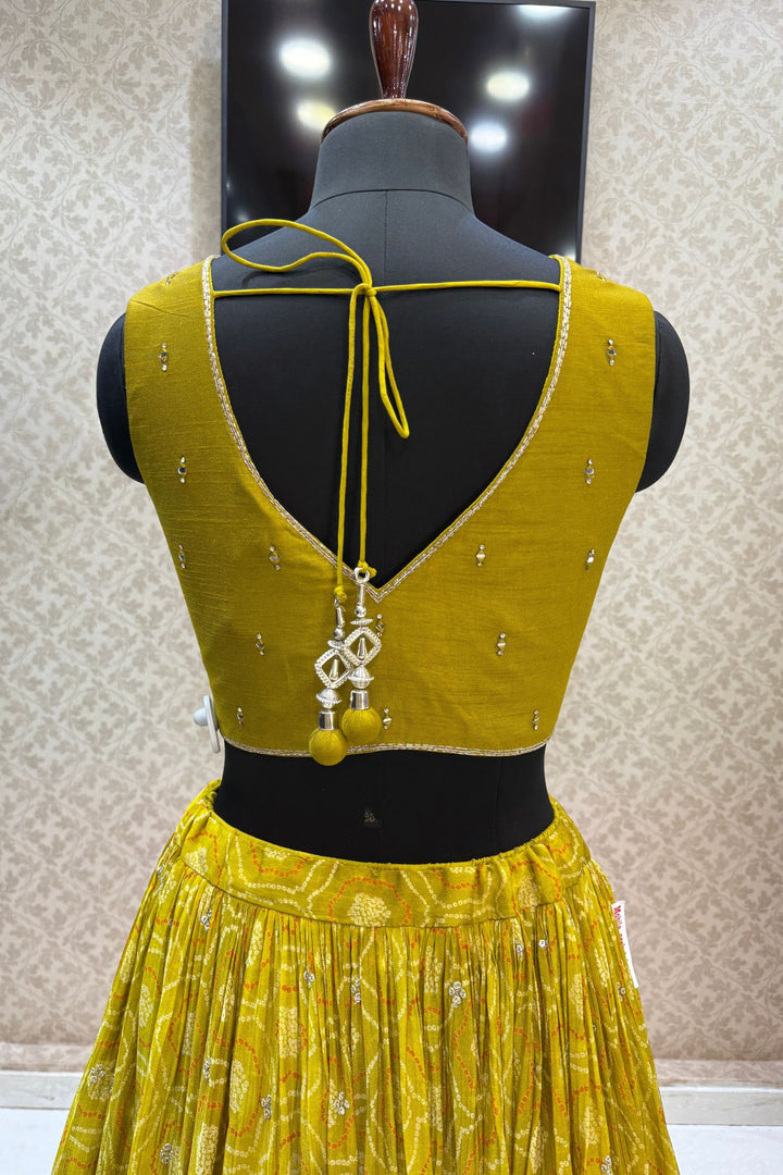 Liril Green Stone, Zardozi, Sequins and Mirror work with Bandini Print Crop Top Lehenga