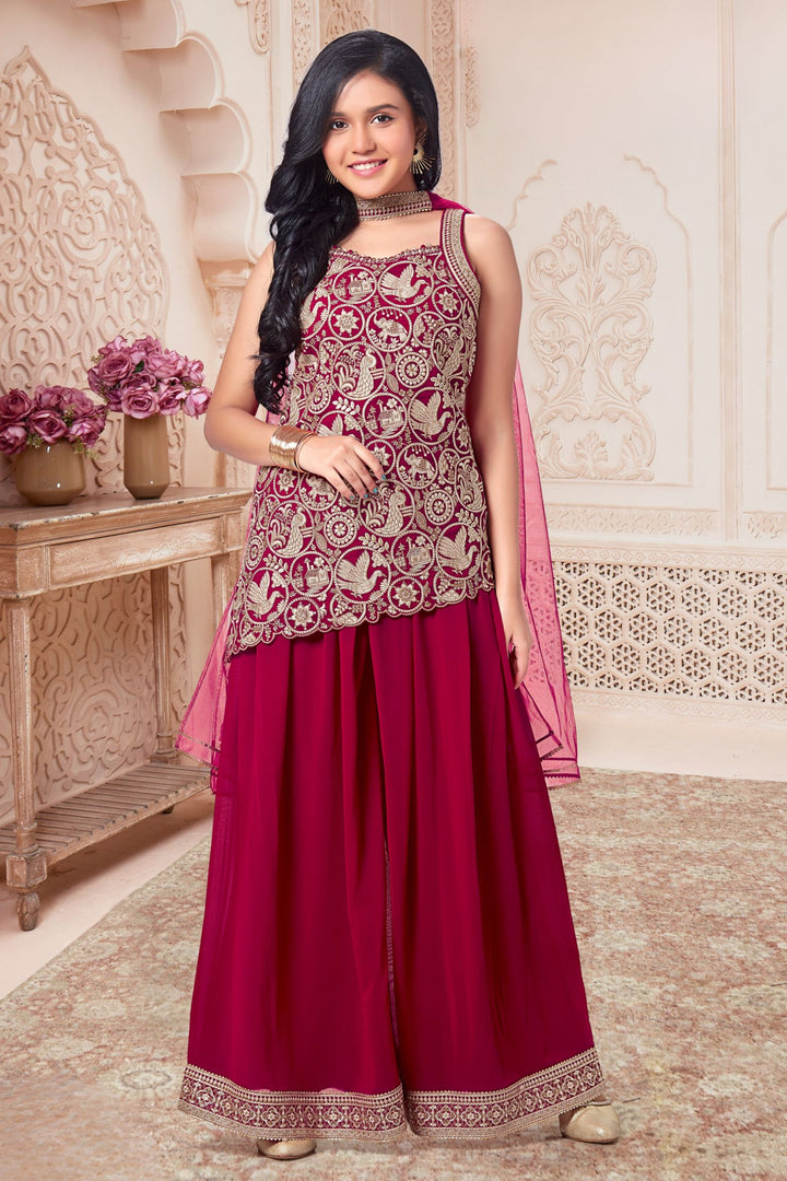 Rani Pink Embroidery, Zari and Sequins work Palazzo Suit Set for Girls