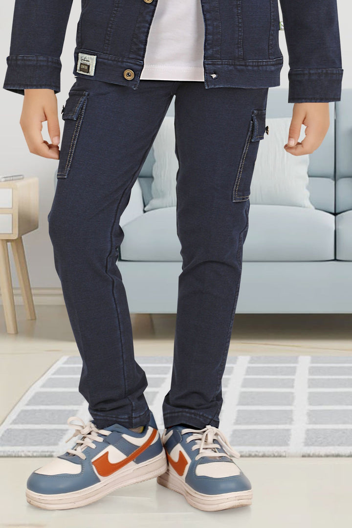 Indigo Blue with White Printed Blazer, T-Shirt and Pant Set for Boys