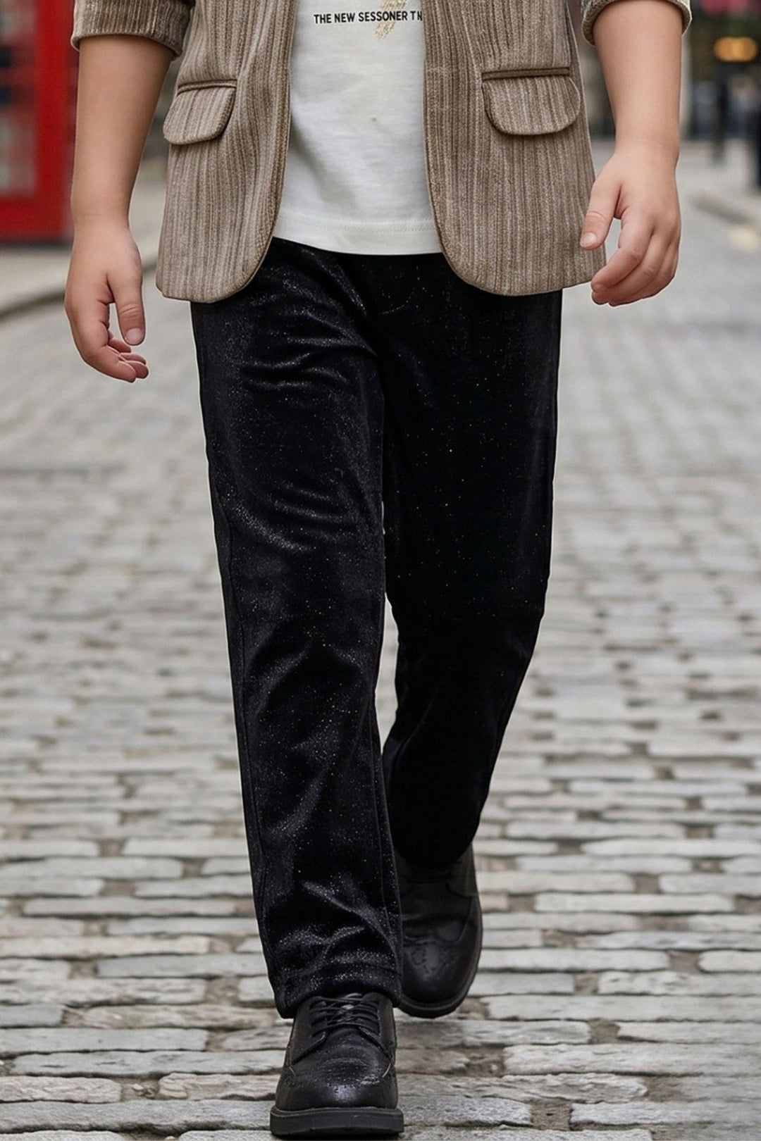 Boys Fawn Casual Blazer Set with White Printed T-Shirt and Black Pants