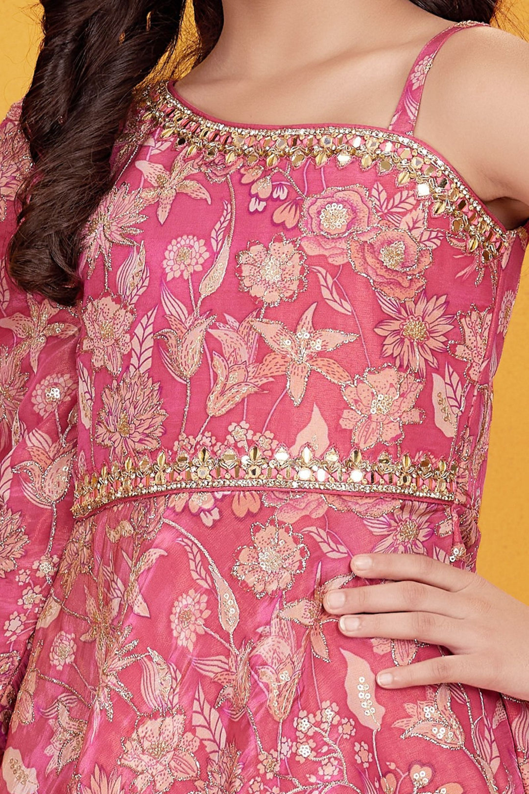 Pink Zari, Sequins, Mirror, Zardozi and Stone work with Digital Print Palazzo Suit Set for Girls