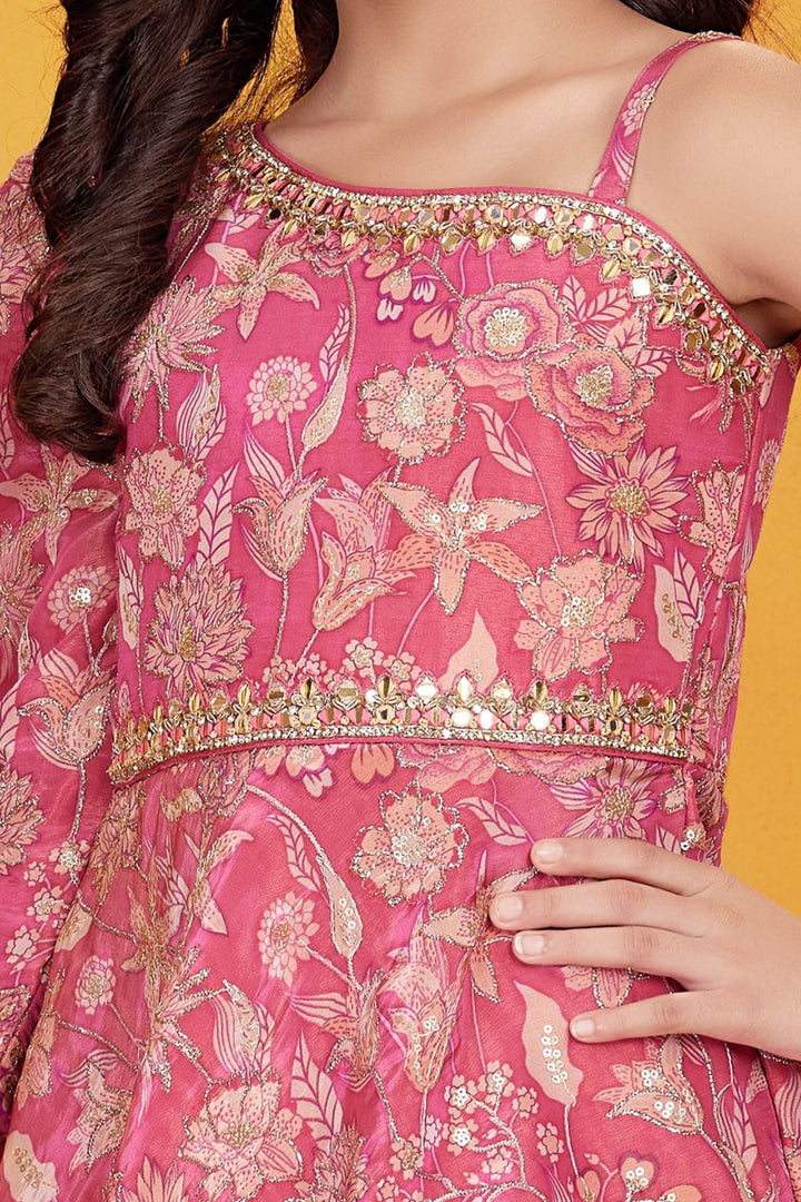 Pink Zari, Sequins, Mirror, Zardozi and Stone work with Digital Print Palazzo Suit Set for Girls