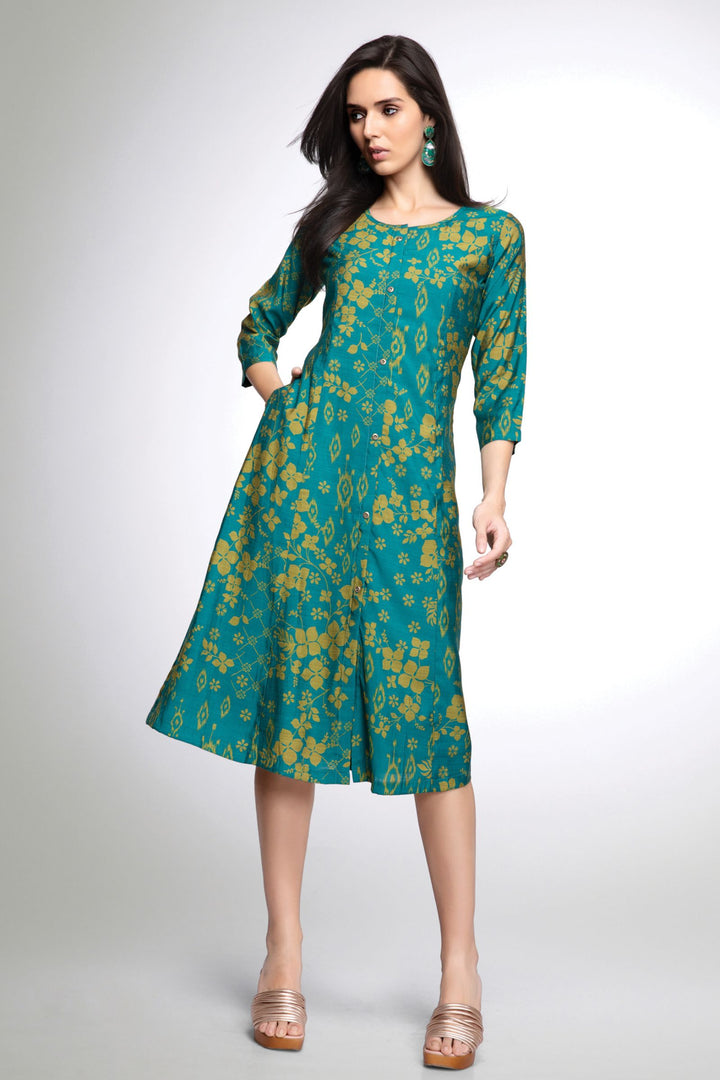 Green Digital Print Aline Cut Calf Length Kurti