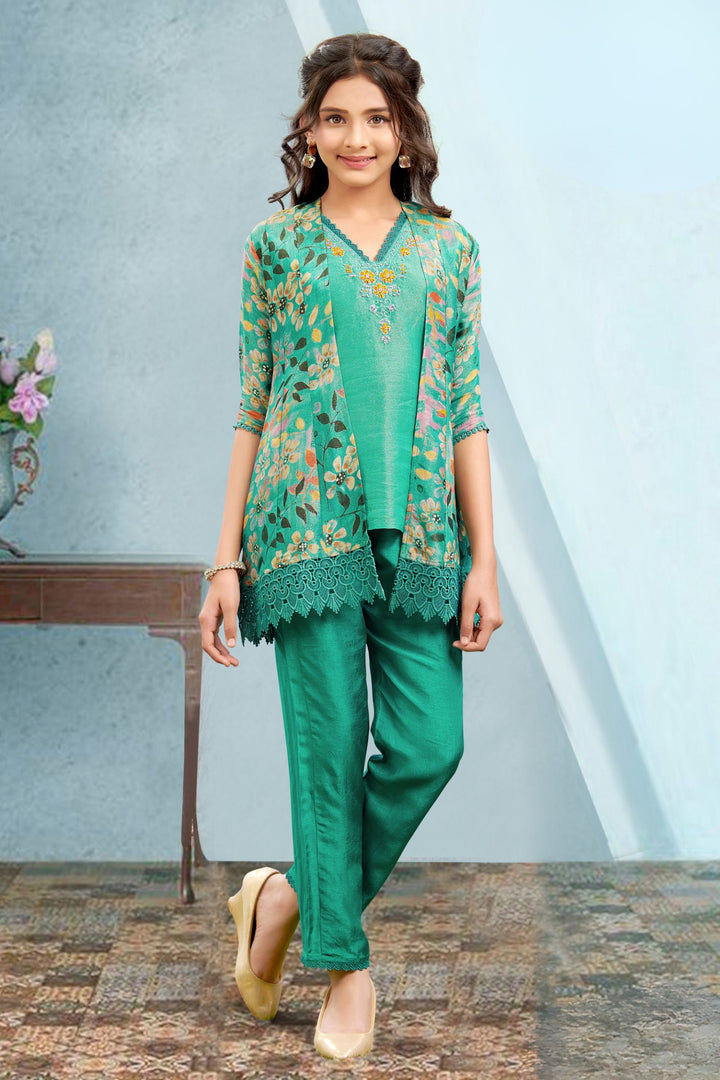 Rama Green  Zari Weaving with Digital Print Overcoat Salwar Suit for Girls