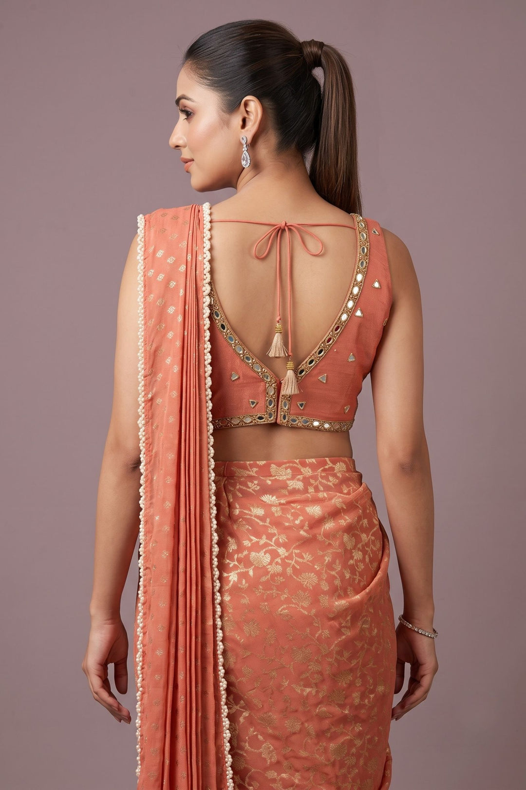 Rust Orange Readymade Banaras work Saree with Mirror work Readymade Blouse