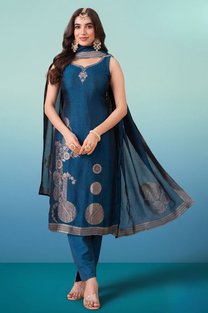 Peacock Blue Banaras, Zardozi, Zari, Sequins and Stone work Straight Cut Salwar Suit