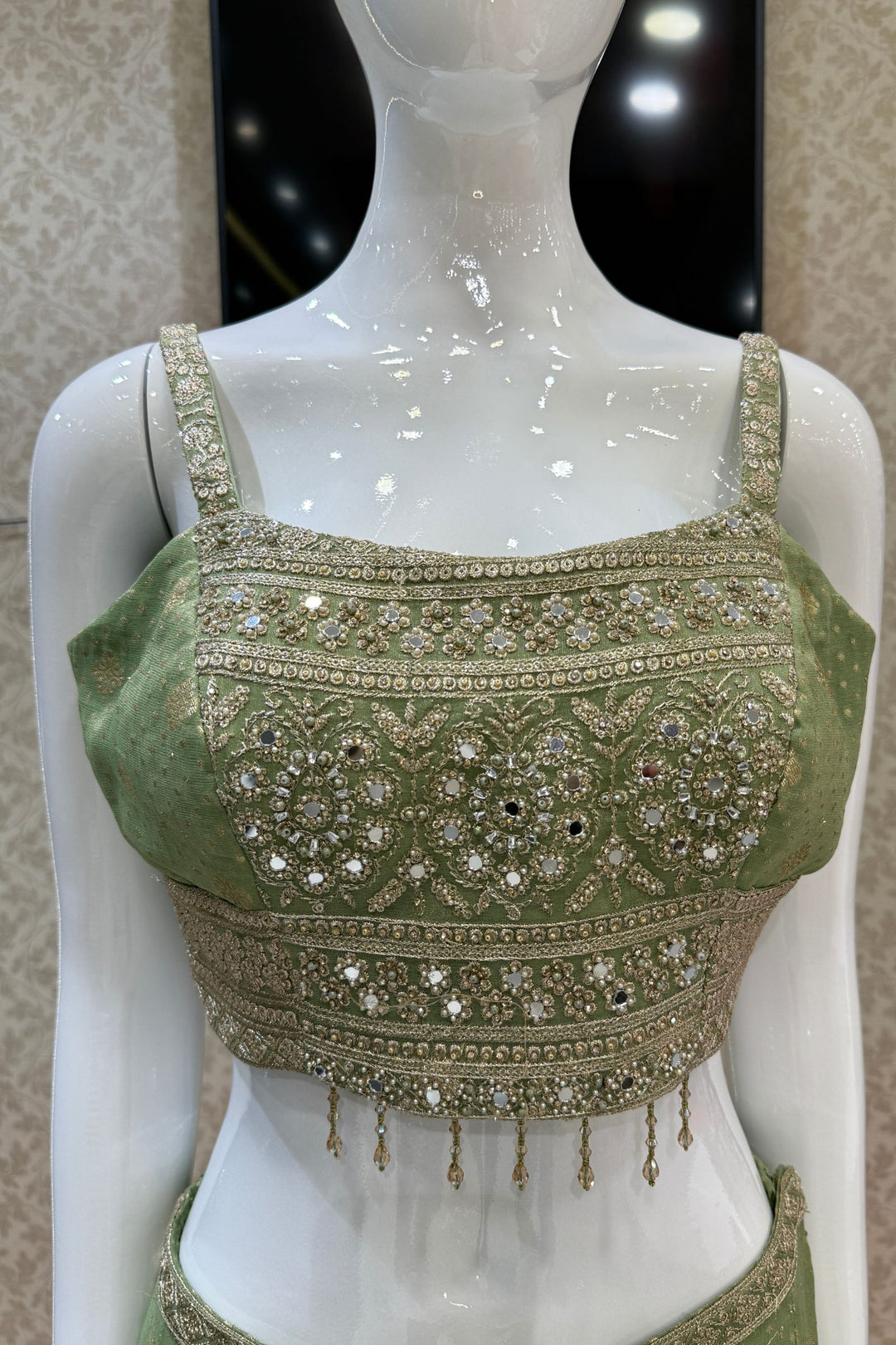 Pista Green Stone, Zari and Sequins work Crop Top with Overcoat Styled Palazzo Suit Set