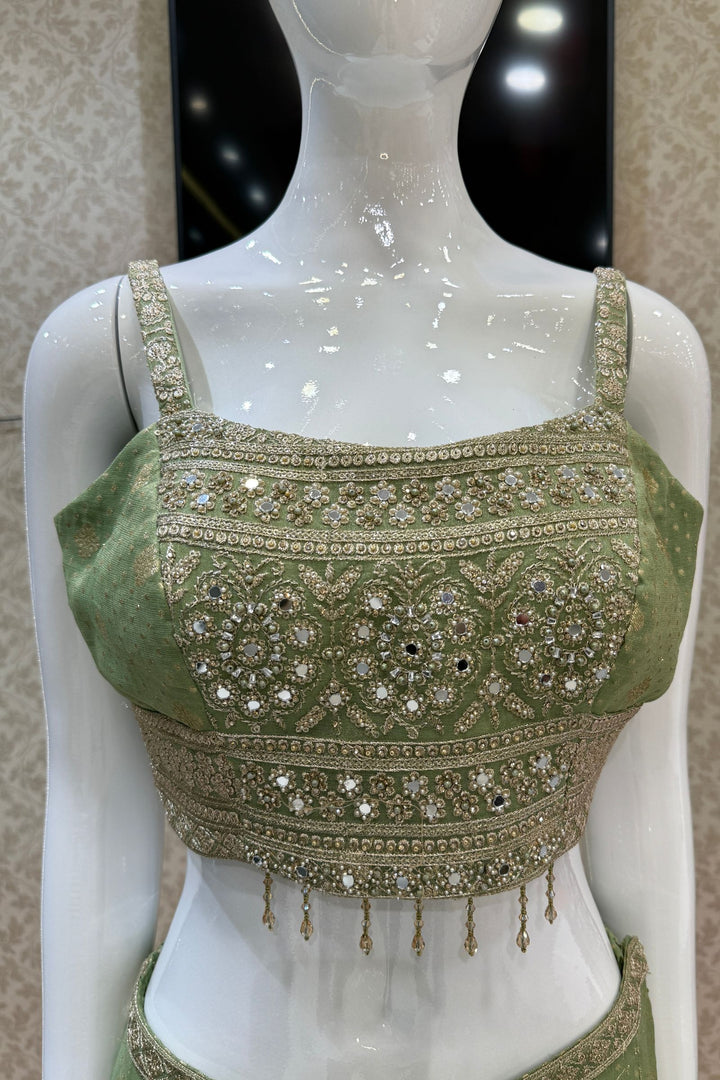 Pista Green Stone, Zari and Sequins work Crop Top with Overcoat Styled Palazzo Suit Set