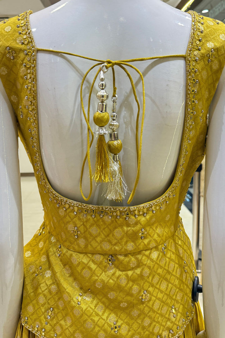 Yellow Jacquard, Mirror, Stone, Sequins, Beads and Banaras work Peplum Style Lehenga