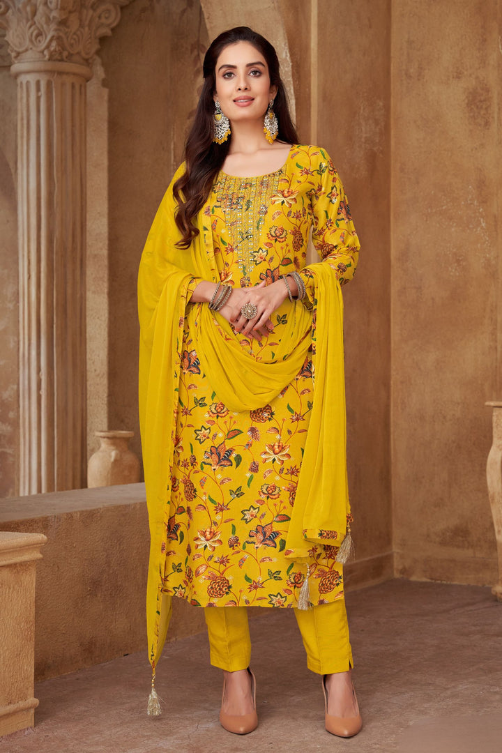 Mustard Yellow Beads, Mirror and Banaras work with Floral Print Straight Cut Salwar Suit