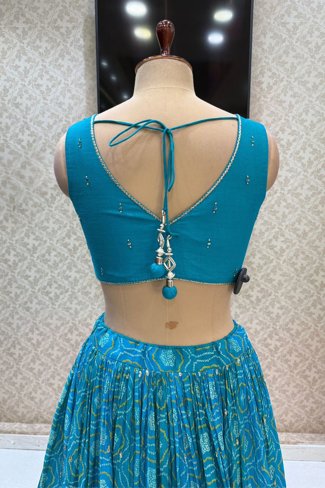 Rama Blue Stone, Zardozi, Sequins and Mirror work with Bandini Print Crop Top Lehenga