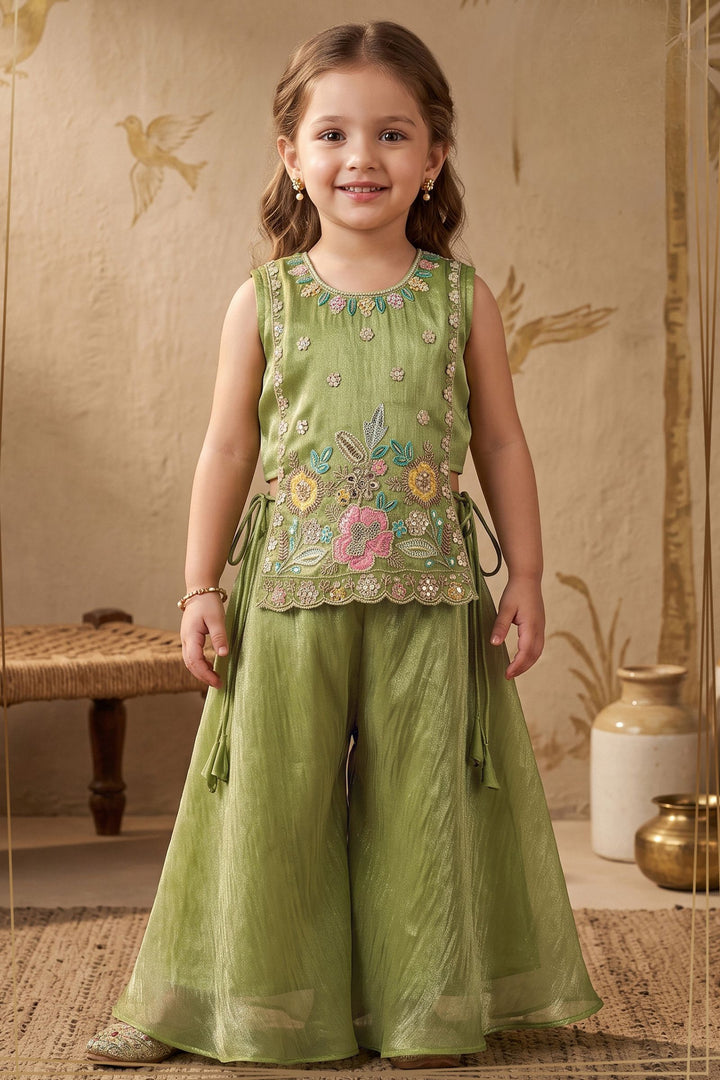 Pista Green Embroidery, Sequins and Beads work Palazzo Set for Girls