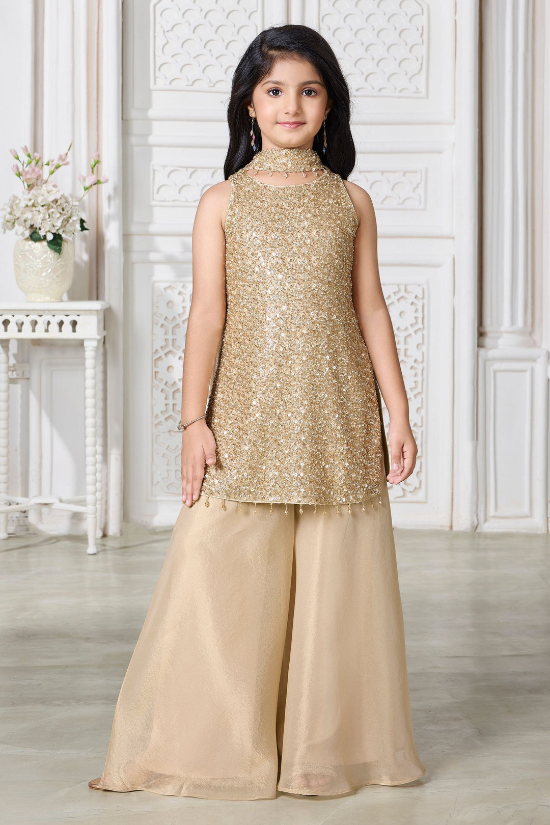 Beige Beads and Sequins work Palazzo Set for Girls