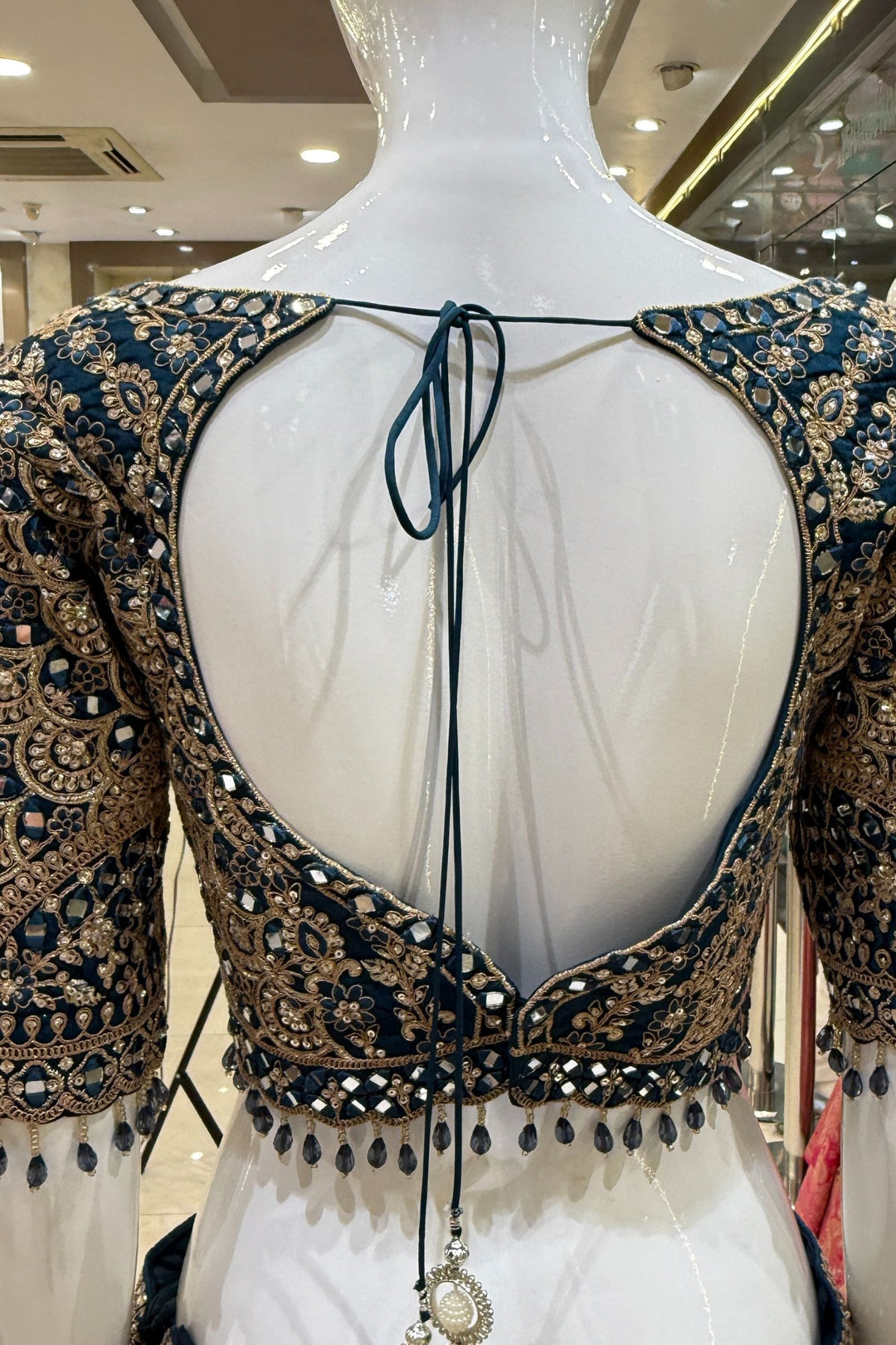 Peacock Blue Mirror, Beads, Zari, Sequins and Banaras work Crop Top Bridal Lehenga