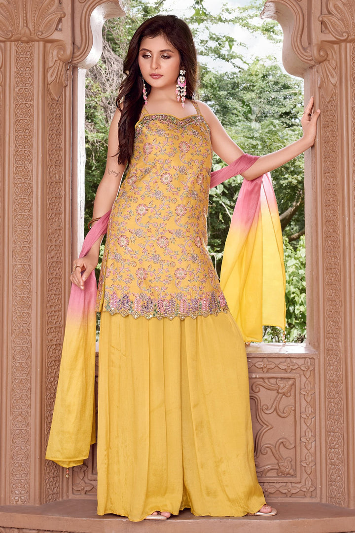 Yellow Mirror, Thread, Zari and Stone work with Digital Print Palazzo Suit Set for Girls