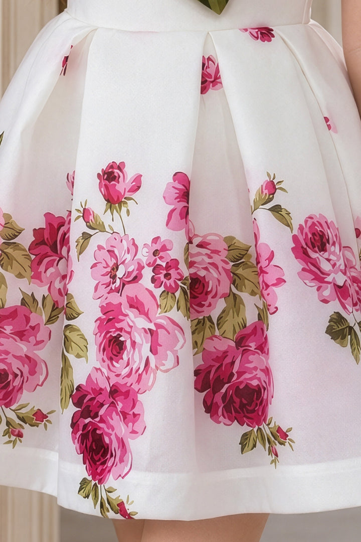 White with Rose Flower and Leaf Accent Short Frock For Girls