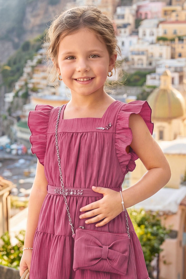 Coral Pink Stone work Short Frock For Girls with Belt