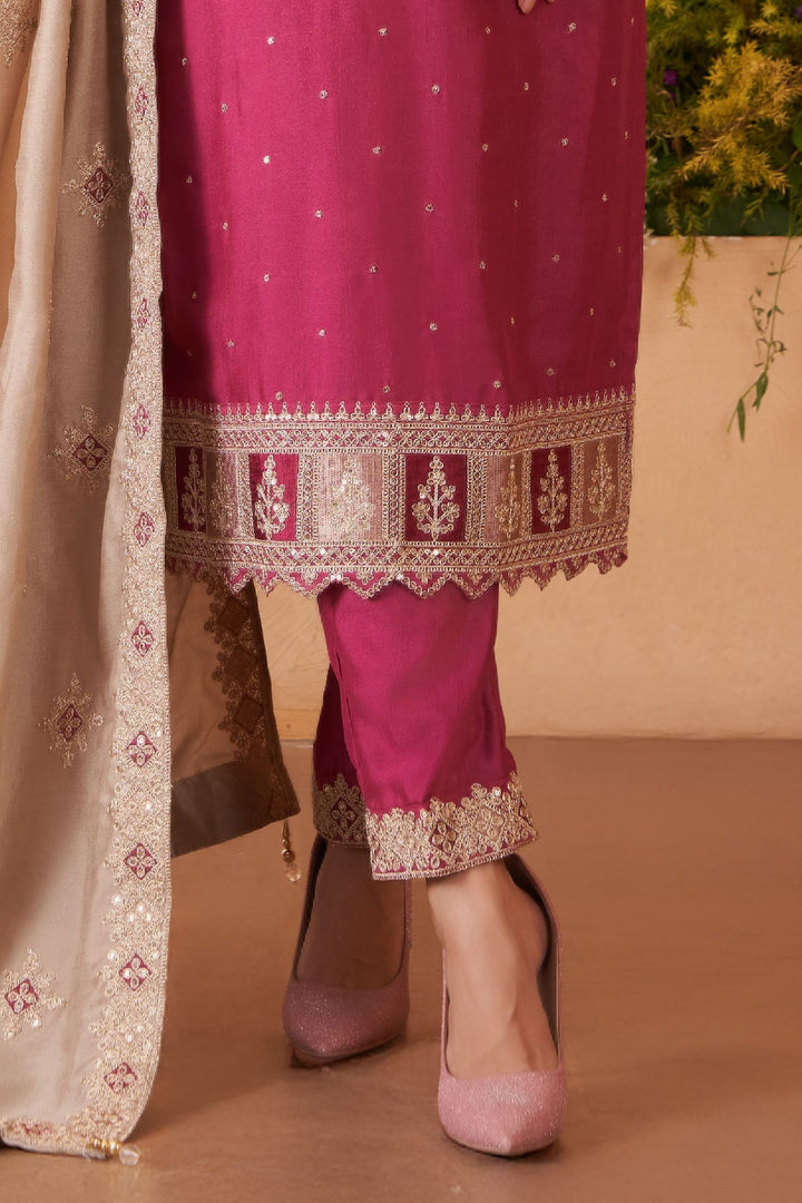 Magenta Sequins, Zari and Thread work Straight Cut Salwar Suit