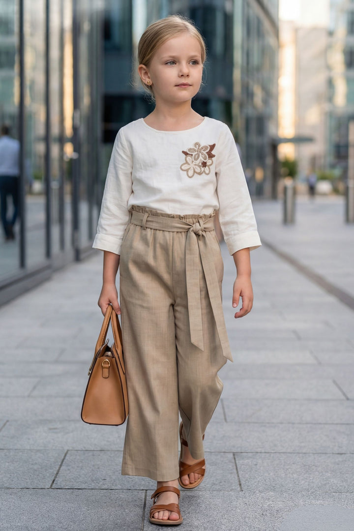 Cream with Fawn Top and Palazzo Set for Girls with Belt