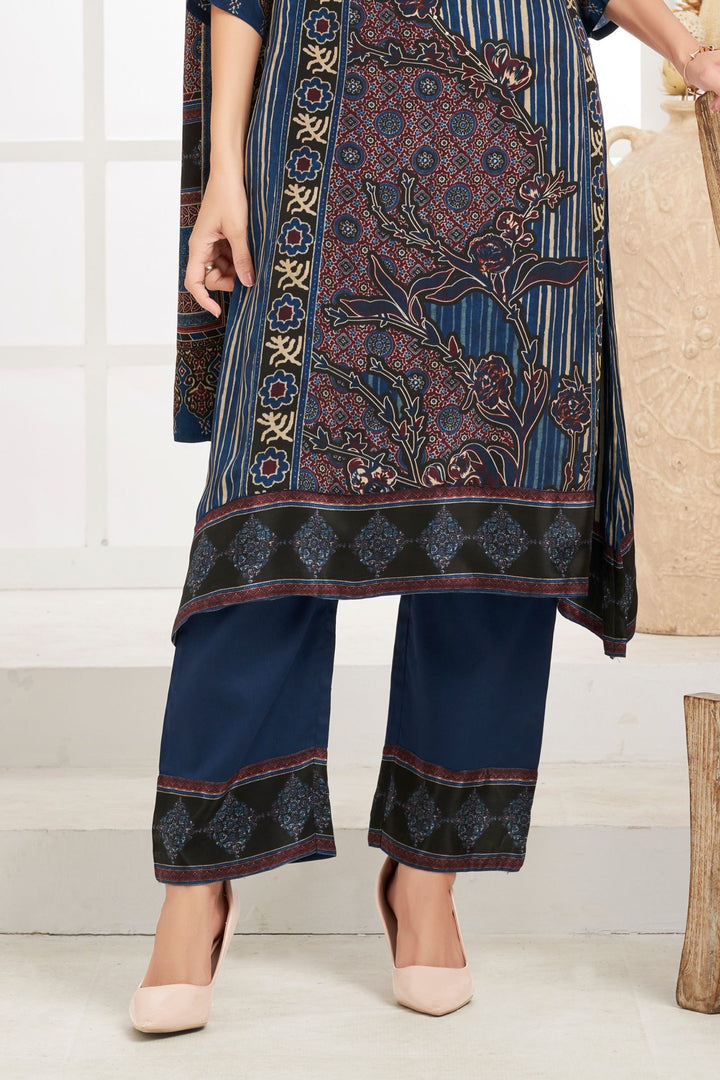 Blue with Ajrakh Print Straight Cut Salwar Suit
