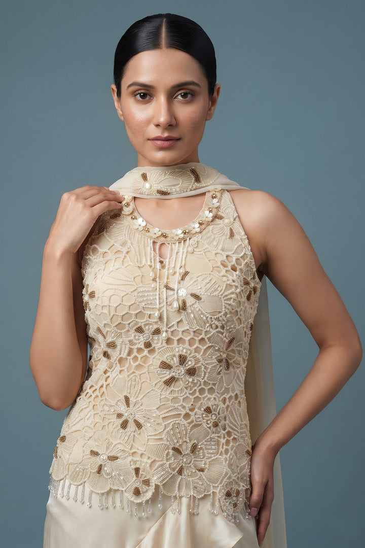 Cream Indo-Western Styled Beads, Sequins and Thread work Top and Cowl Skirt