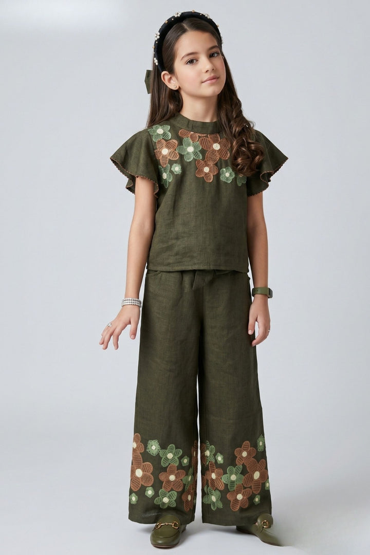 Dark Green Embroidery work Top and Palazzo Set for Girls