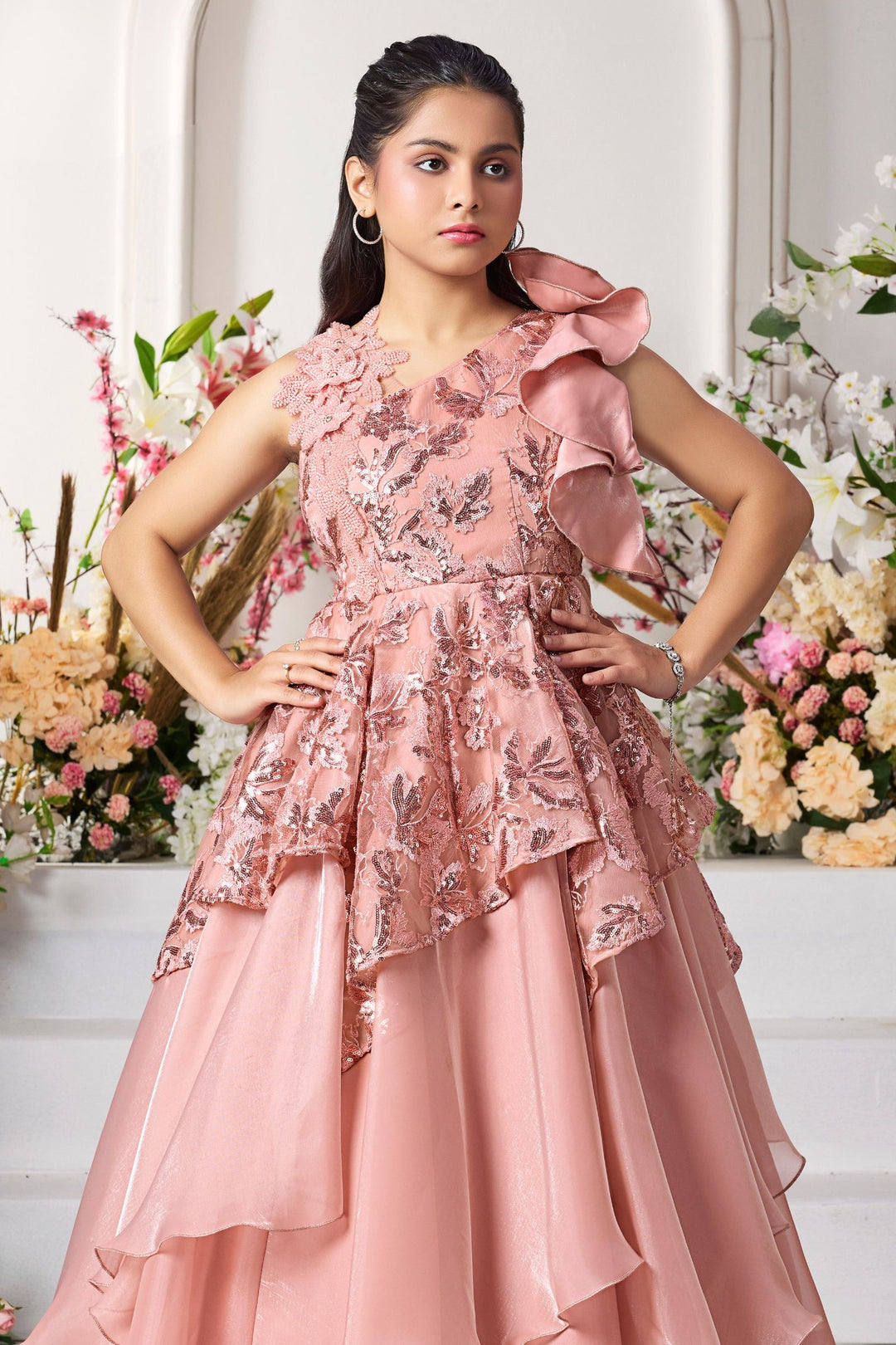 Peach Sequins and Thread work Long Party Gown for Girls