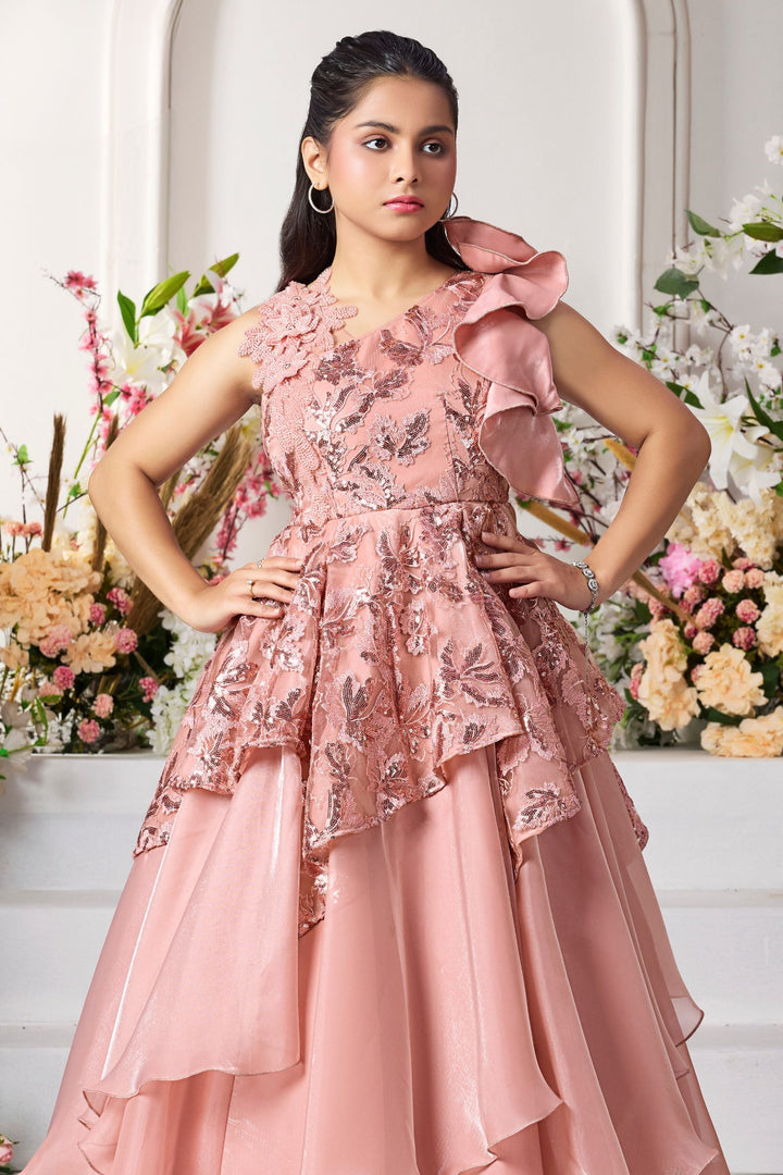 Peach Sequins and Thread work Long Party Gown for Girls