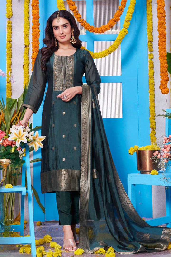 Bottle Green Banaras, Beads, Thread and Zardozi work Straight Cut Salwar Suit