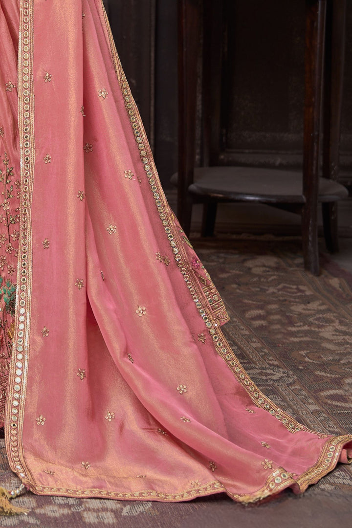 Onion Pink Sequins, Beads, Zardozi and Multicolor Embroidery work Crop Top Lehenga