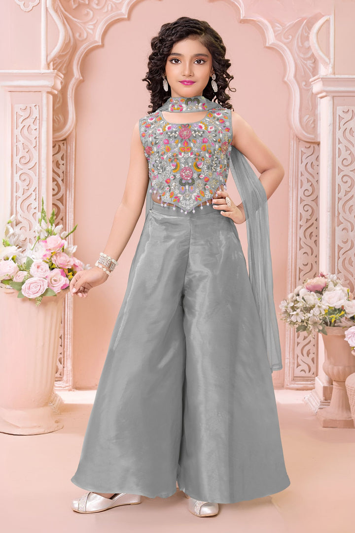 Light Grey Sequins, Beads and Multicolor Embroidery work Palazzo Suit Set for Girls