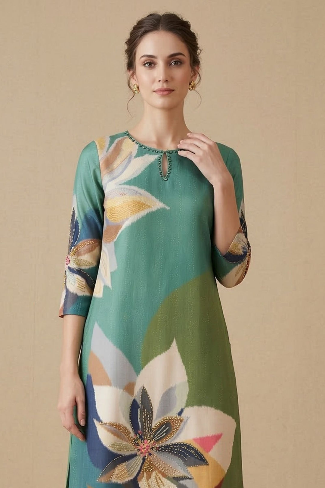 Sea Green Beads work with Multicolor Digital Print Calf Length Kurti