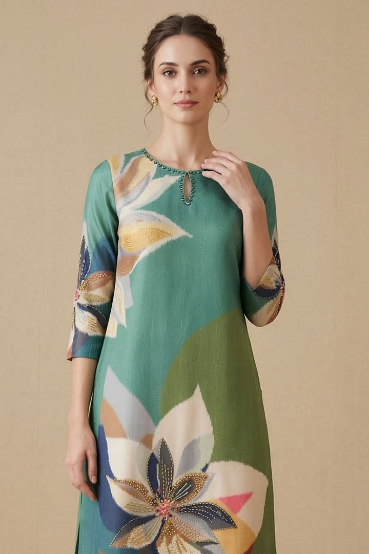 Sea Green Beads work with Multicolor Digital Print Calf Length Kurti