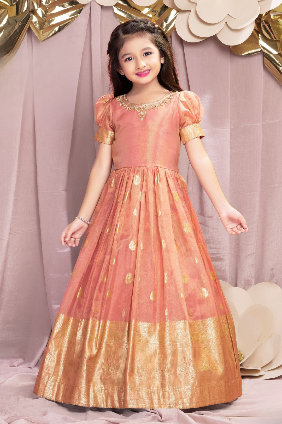 Onion Pink Zari, Zardozi, Sequins, Stone and Thread work Long Party Gown for Girls