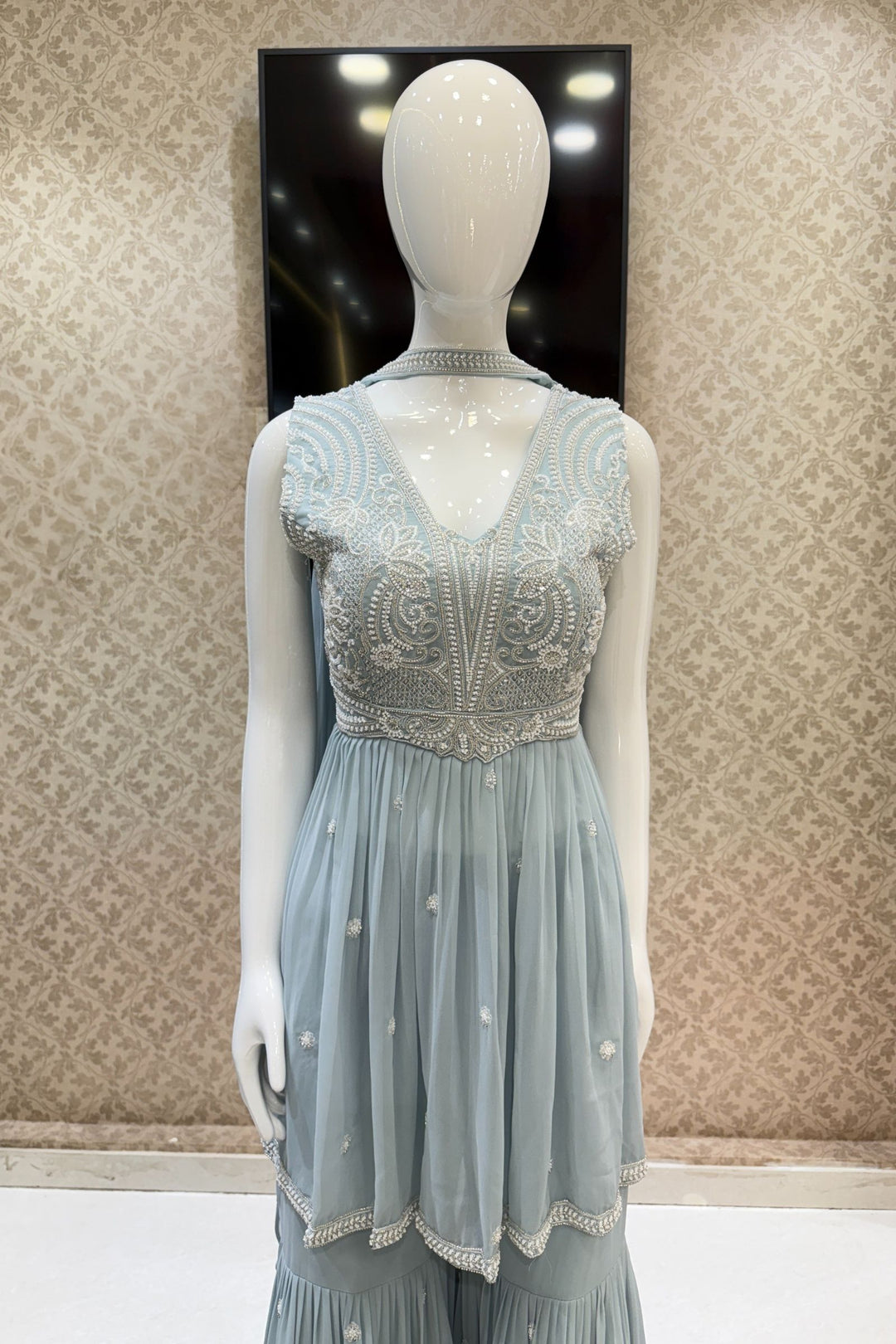 Sky Blue Beads, Sequins and Thread work Peplum Top with Sharara Suit Set